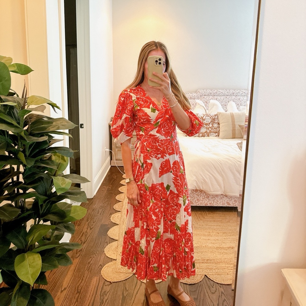 Women RHODE Fiona Puff Sleeve Wrap Midi Dress in Red Multi Small